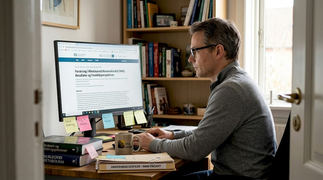 En biokemiker fordyber sig i NMN-forskning ved skrivebordet.