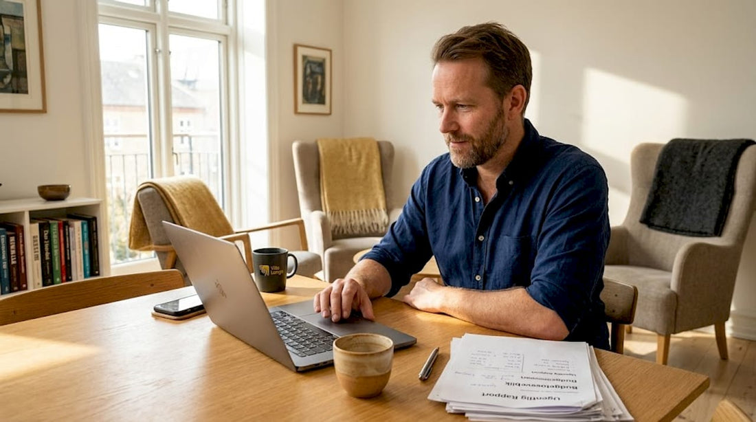 En mand sidder om eftermiddagen ved spisebordet med en kop kaffe og arbejder.