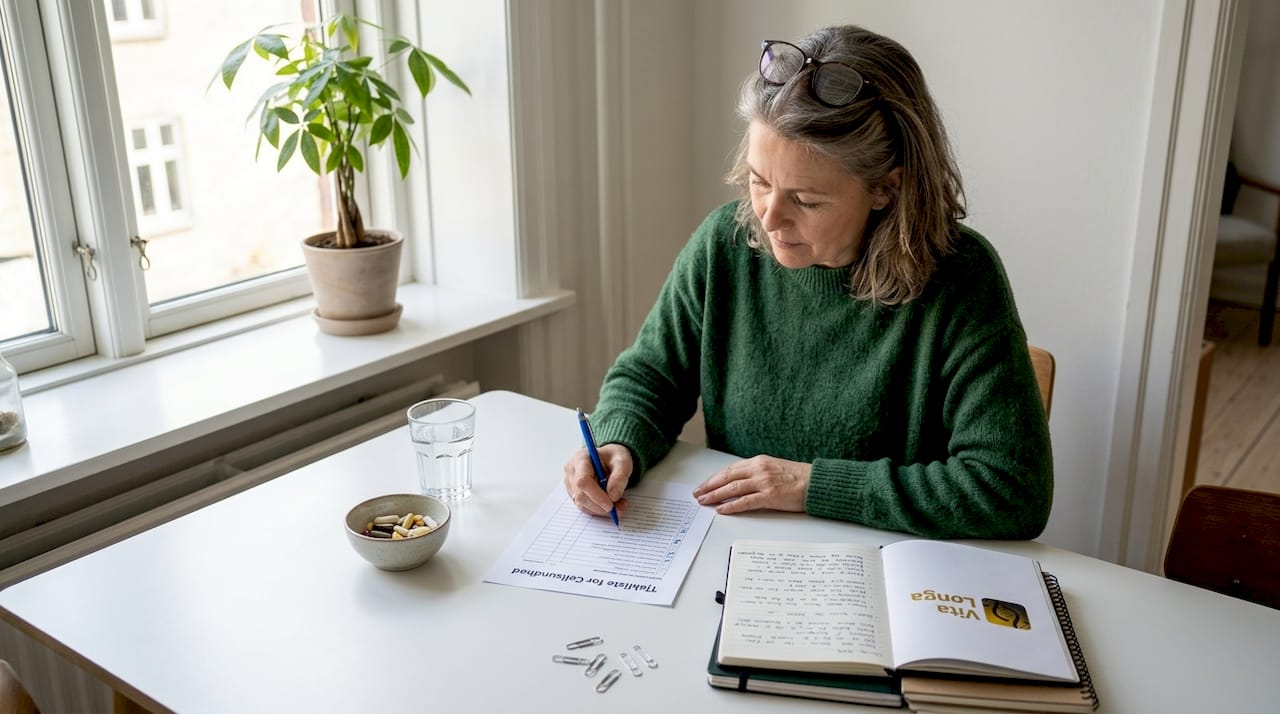 Kvinde sidder ved bordet og gennemgår sin sundhedsliste