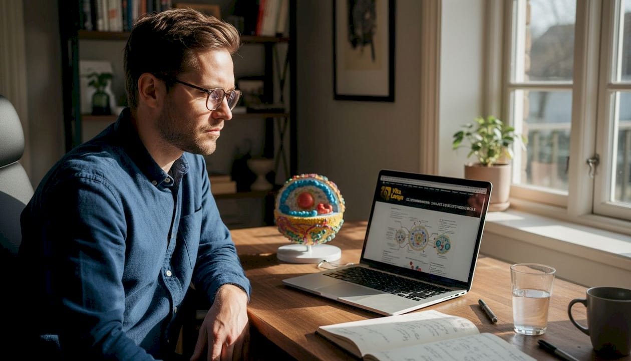 En biokemiker fordyber sig i cellekommunikation ved sit skrivebord.
