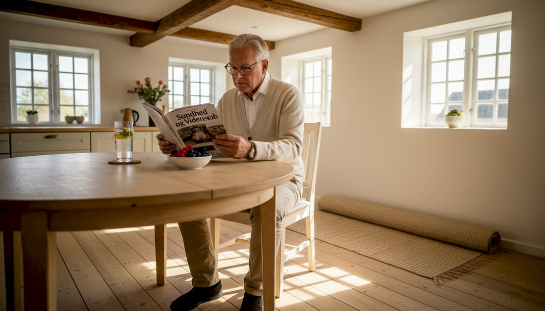 En ældre herre sidder ved spisebordet og fordyber sig i en artikel om sundhed.