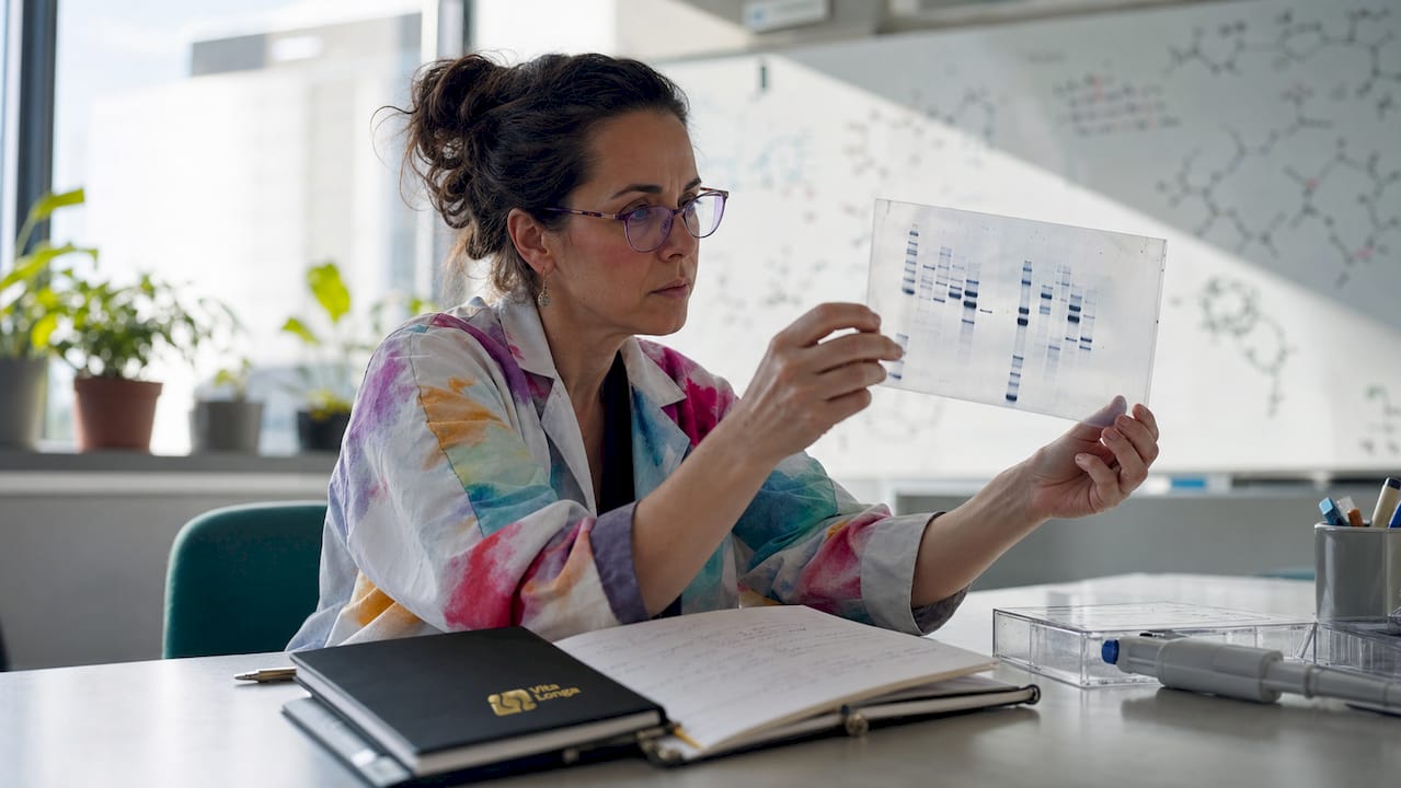 Forskeren analyserer data om reparation af DNA i laboratoriet