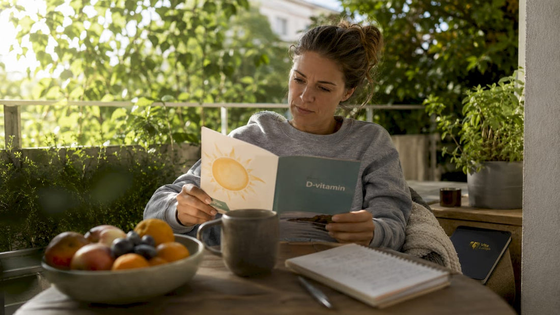 En kvinde sidder ved køkkenbordet og læser om D-vitamin