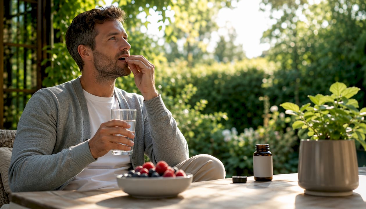 En mand sidder ved køkkenbordet og tager sin daglige vitaminpille.
