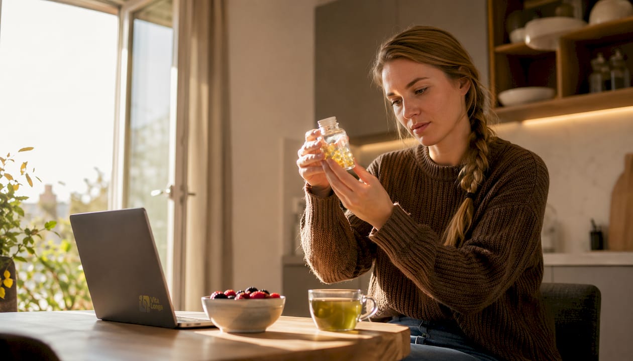 En kvinde sidder ved bordet og studerer etiketten på sine E-vitamin kapsler.