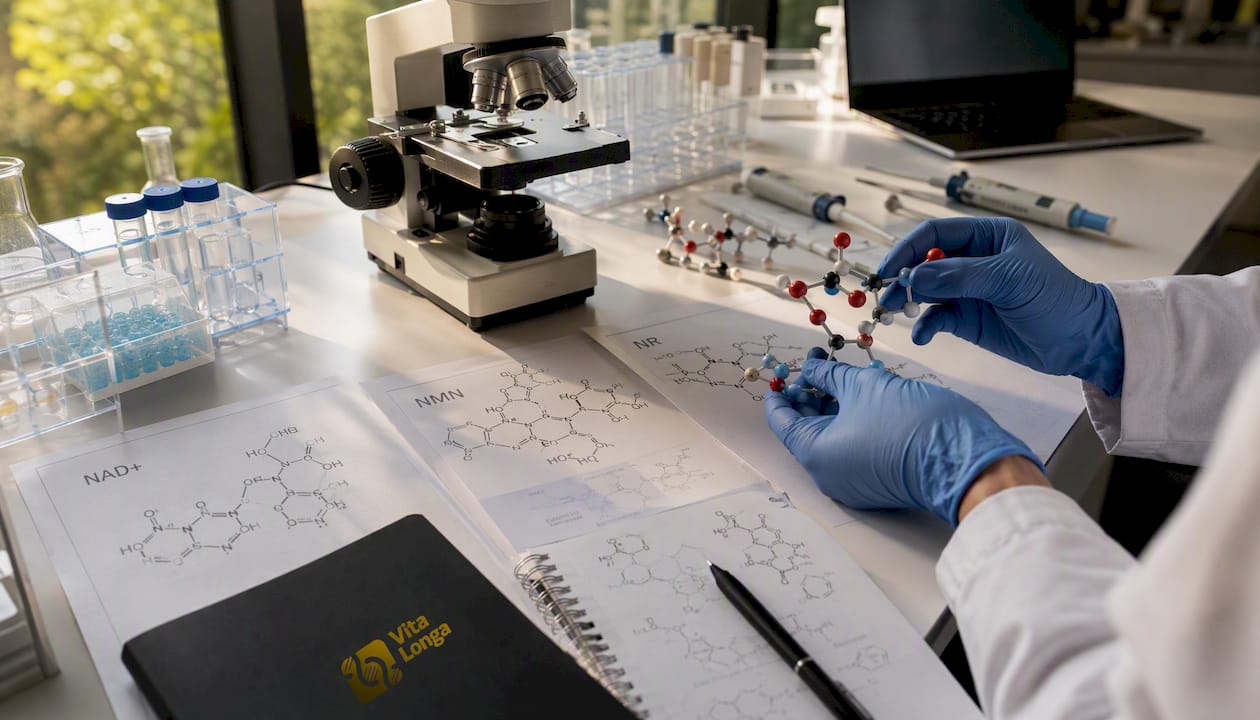 Hænder samler en NAD+-molekylemodel i laboratoriet
