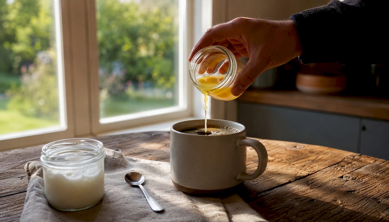 Hælder smør i kaffekoppen