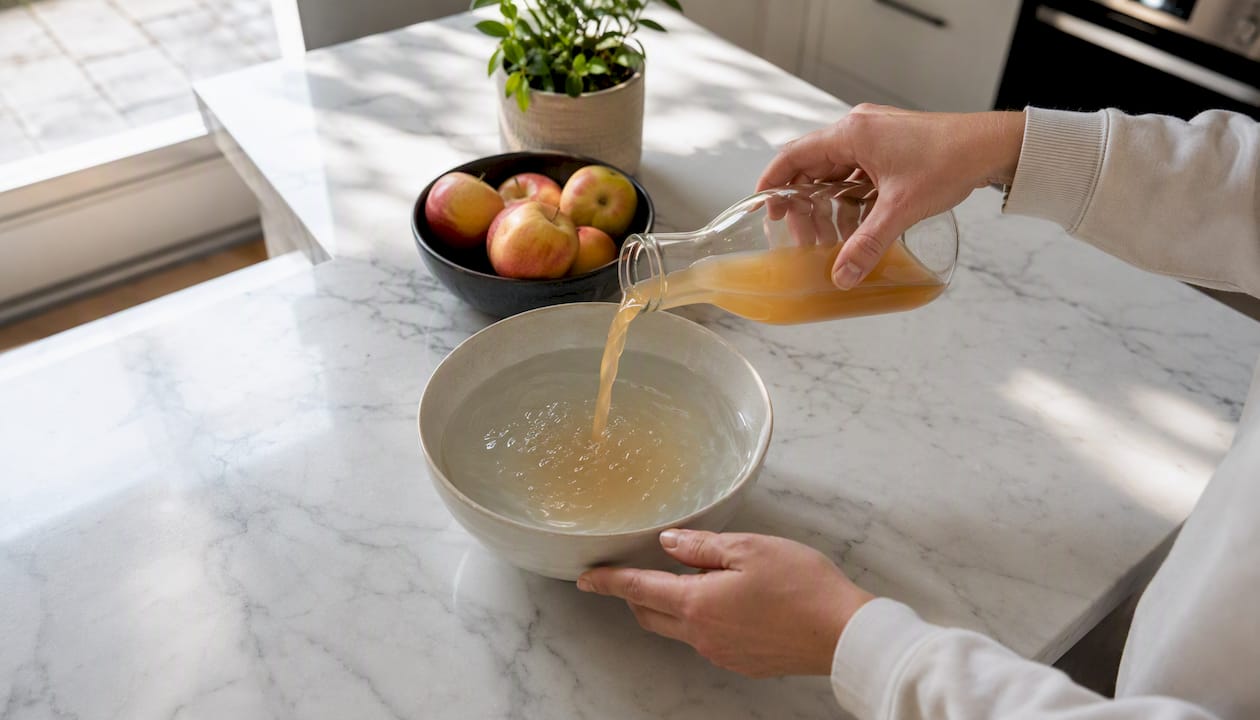 Et par hænder hælder æblecidereddike op i et glas.