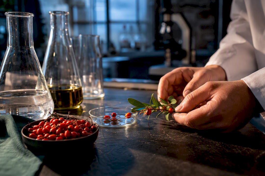 Berberisbær ved siden af laboratorieudstyr